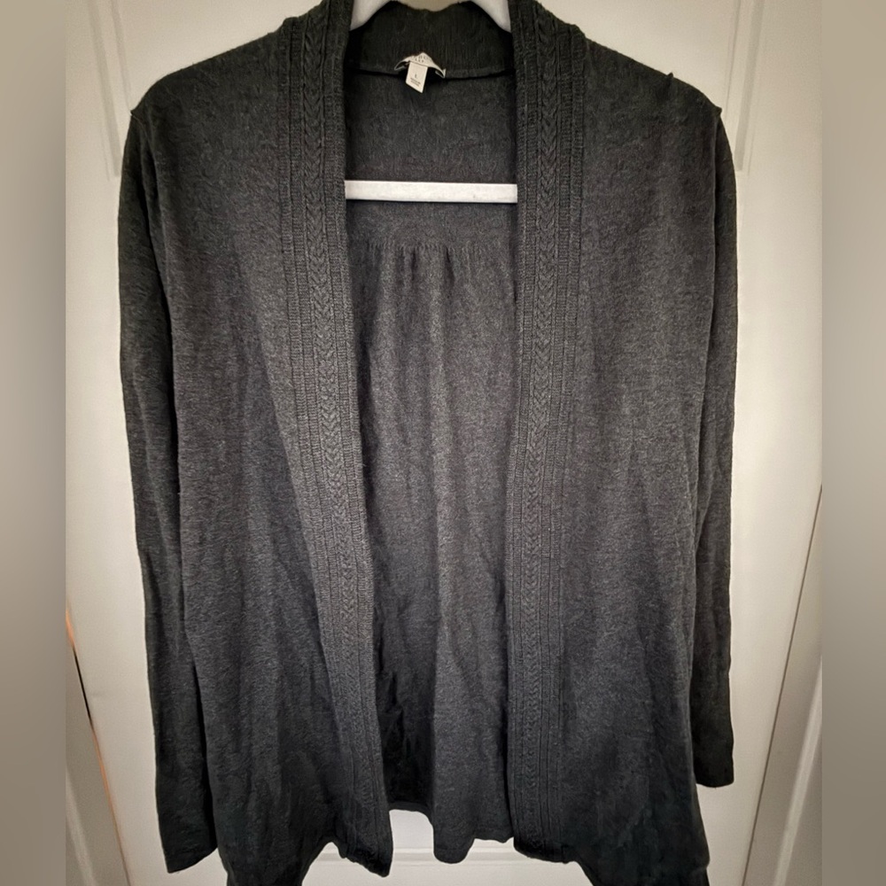 Talbots Gray Open Cardigan. Beautiful Braid Trim. Size Large (see pics for trim)